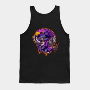 Cat Witch Flying on a Broom Halloween Theme Design Tank Top